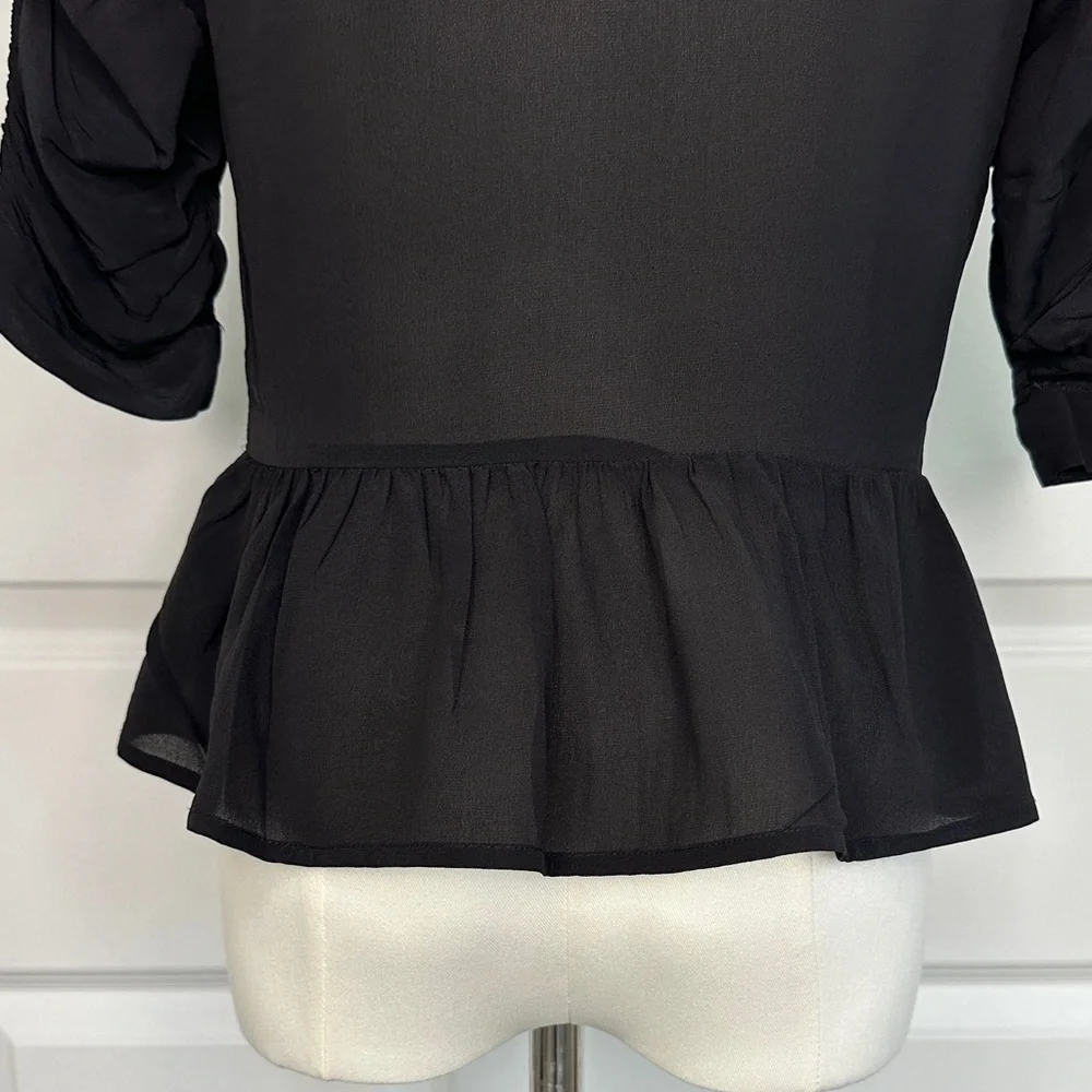& Other Stories Black Silk Viscose Peplum Ruffled String Sleeve Blouse Size 4 - Picture 7 of 12